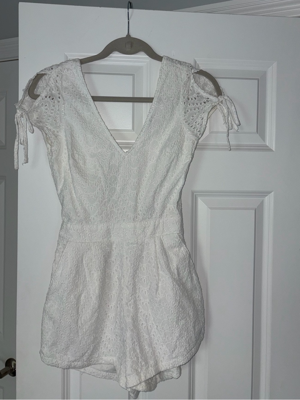 Express White Eyelet V-Neck Romper